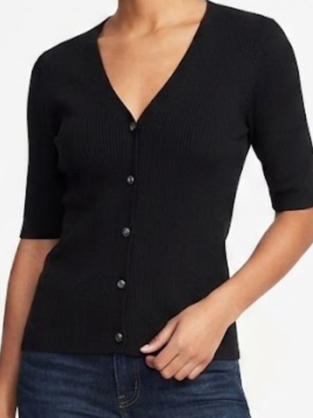A New Day Black Ribbed V-Neck Button-Front Sweater